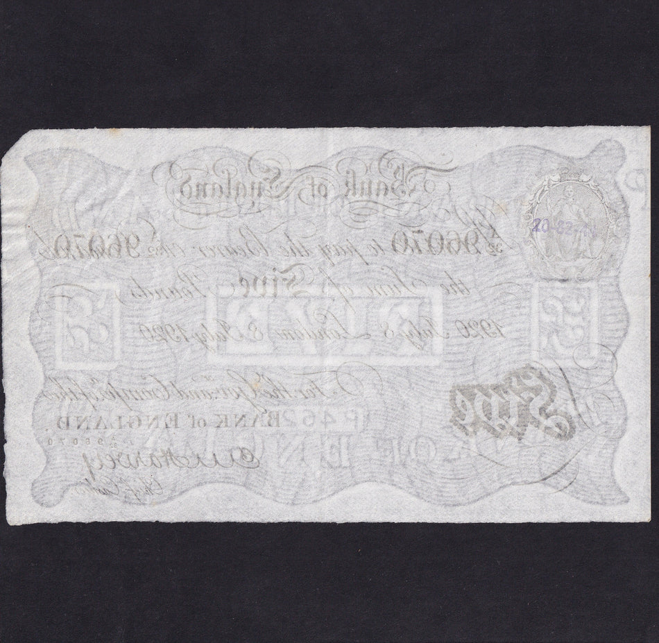 Bank of England (B209a) Harvey, £5, 8th July 1920, A32 96070, small date stamp reverse, otherwise Good VF