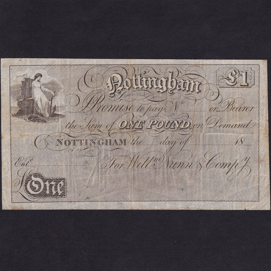 Provincial - Nottingham, £1, 18xx, for Willm Nunn & Company, unissued note, Outing 1616, the Grant plate note, some small holes & rust, Fine