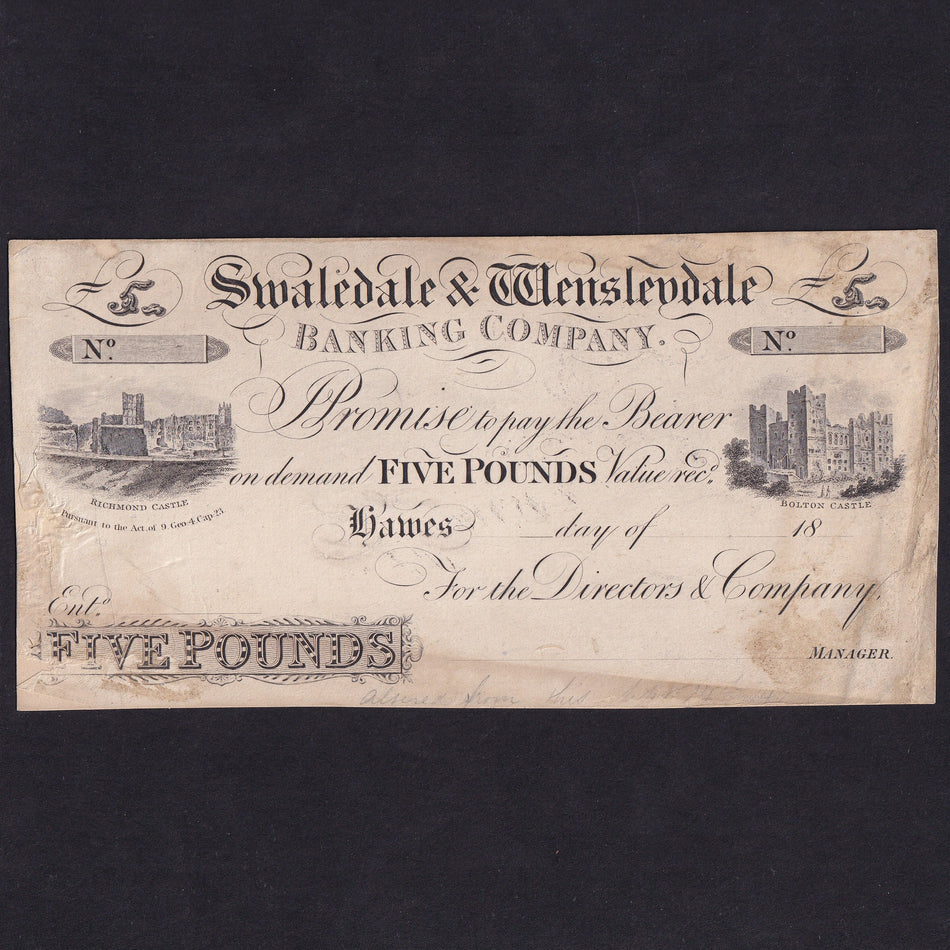 Provincial - Swaledale & Wensleydale Banking Company, £5 obverse proof, for Hawes, Outing 917, scruff marks, VG
