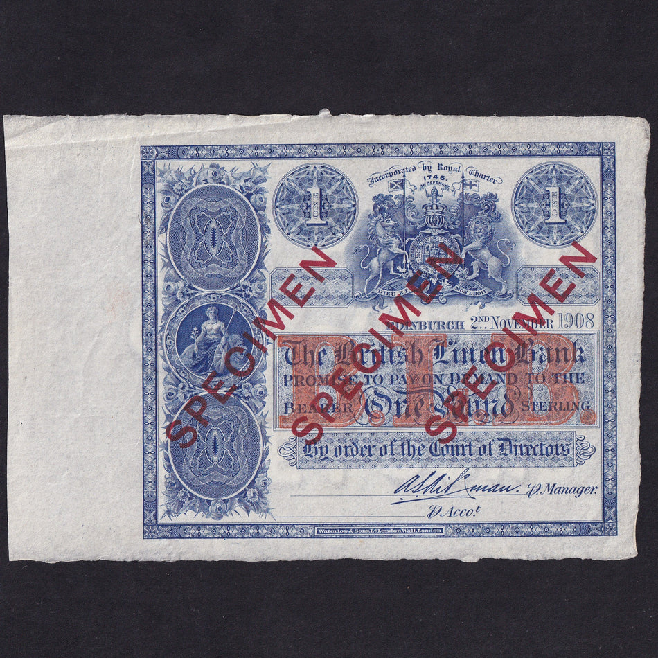 Scotland (P146) PMS BL54cs British Linen Bank, £1 specimen, 2nd November 1908, Alexander S. Aikman, BL49s, A/UNC
