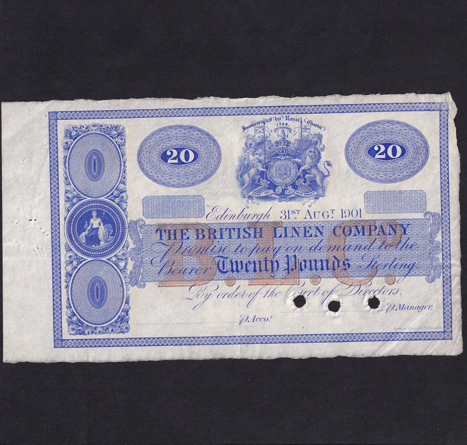 Scotland (P173s) British Linen Company, £20 no serial specimen, 31st August 1901, PMS BL47bs, pinholes, Good EF