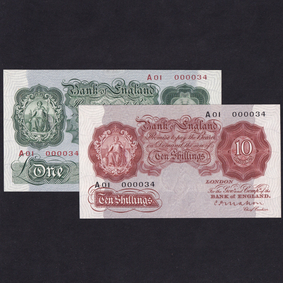 Bank of England (B214) Mahon 10 Shillings & £1 parchment pair, 1928, A01 000034, with plastic slip-cases & vellum envelope, UNC