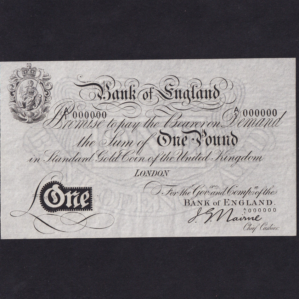 Bank of England (B208a) Nairne, £1 Gold Note, 1914, A/1 000000, 15 known, UNC
