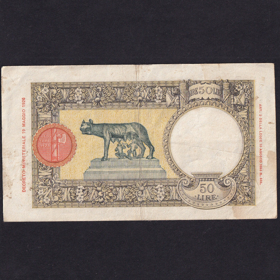 Italy (P54b) 50 Lire, 1938, she-wolf with twins reverse, Fine/VF