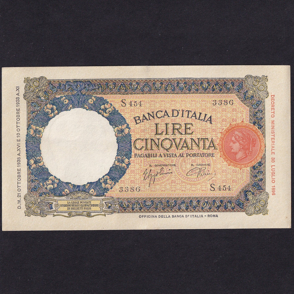 Italy (P54b) 50 Lire, 1938, she-wolf with twins reverse, EF