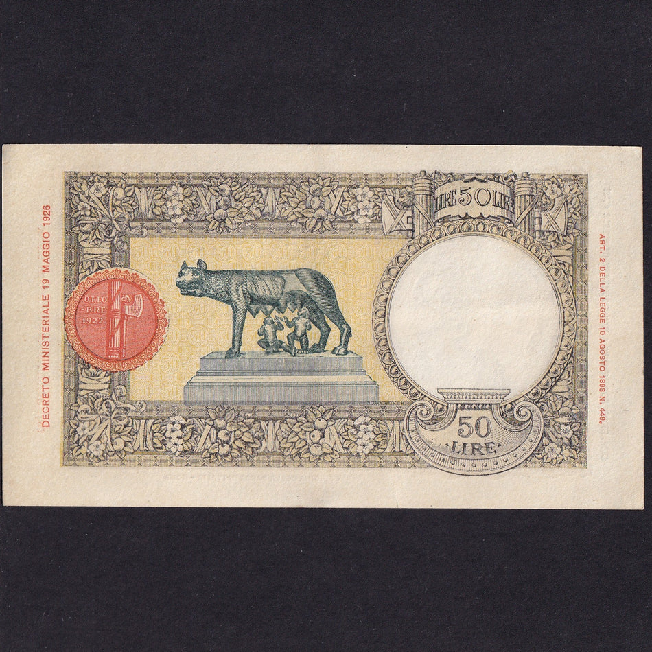 Italy (P54b) 50 Lire, 1938, she-wolf with twins reverse, EF