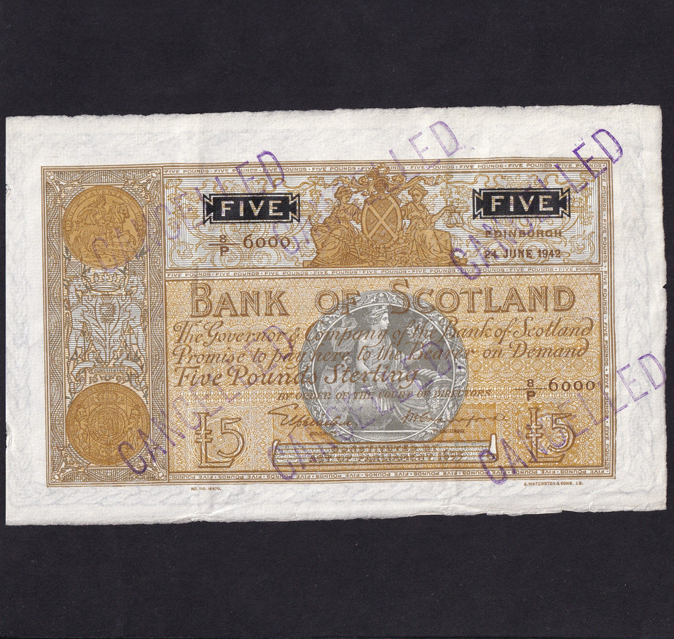 Scotland (P92c) Bank of Scotland, Elphinstone/Crawford  £5 24th June 1942 Note 8/P 6000 cancelled for use as a specimen, Elphinstone/ Crawford, BA101c, Good VF