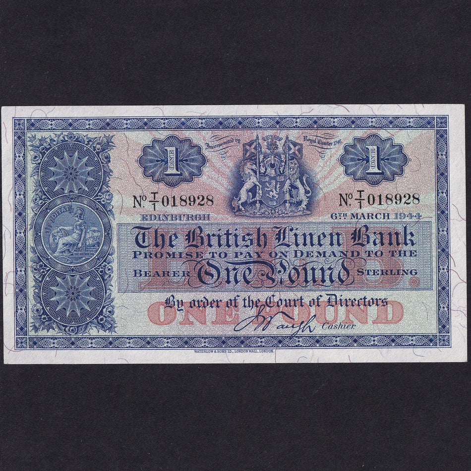 Scotland (P157b) British Linen Bank, £1, 6th March 1944, Waugh signature, T/1 018928, PMS 65b, Good EF
