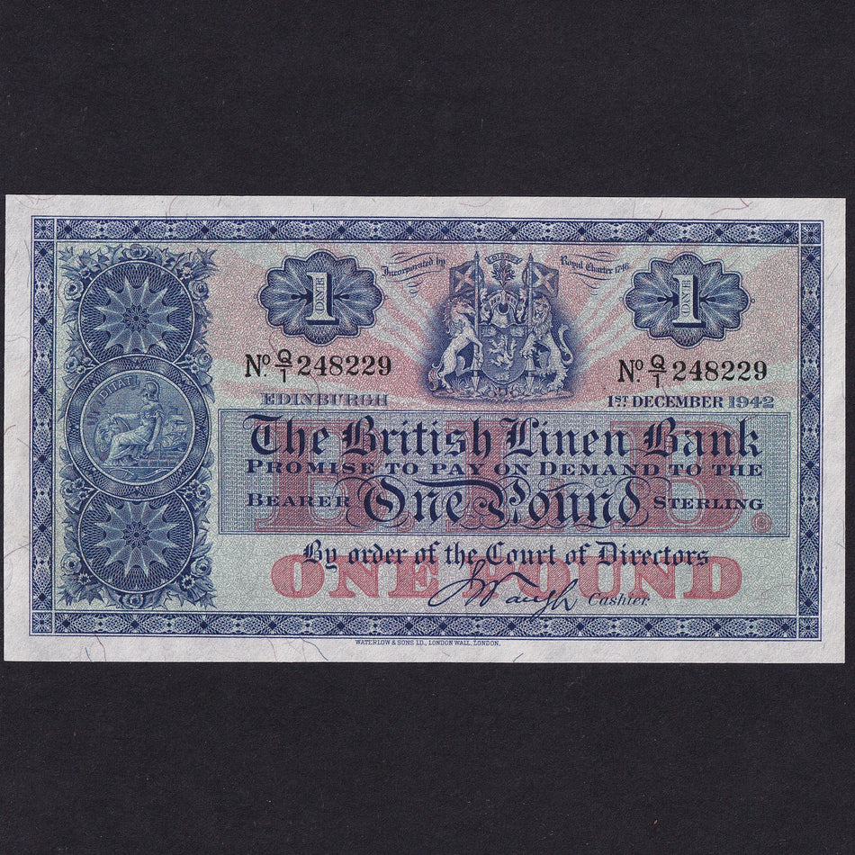 Scotland (P157b) British Linen Bank, £1, 1st December 1942, Waugh signature, Q/1 248229, PMS 65b, Good EF