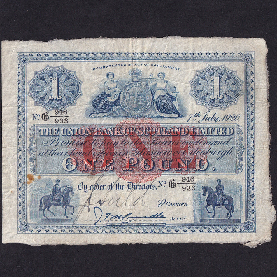 Scotland (PS805) Union Bank, £1, 7th July 1920, No.G 946/933, McCrindle signature, PMS UB57d, small rust spots, Good Fine