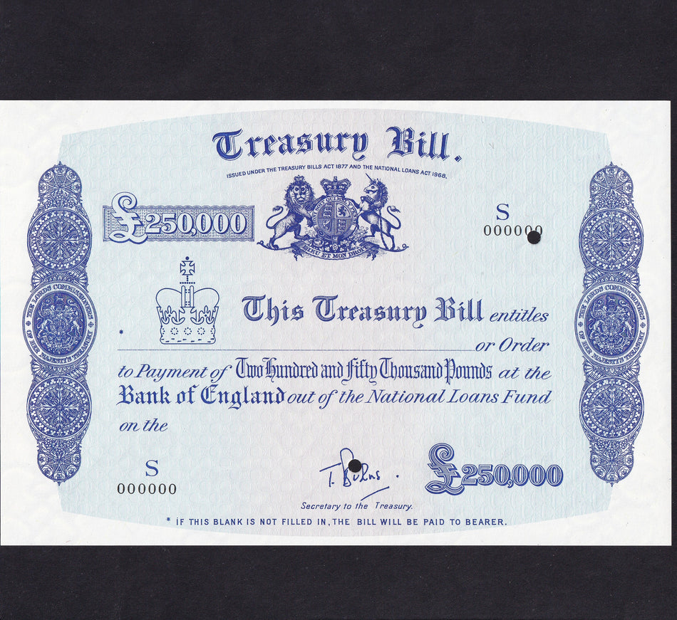 Treasury Bill £250,000 specimen, 1998-2002, S000000, Burns signature, UNC