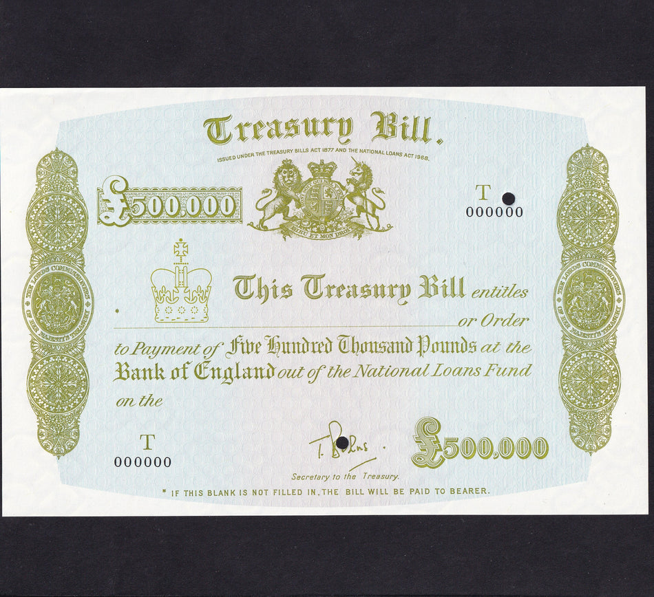 Treasury Bill £500,000 specimen, 1998-2002, S000000, Burns signature, UNC