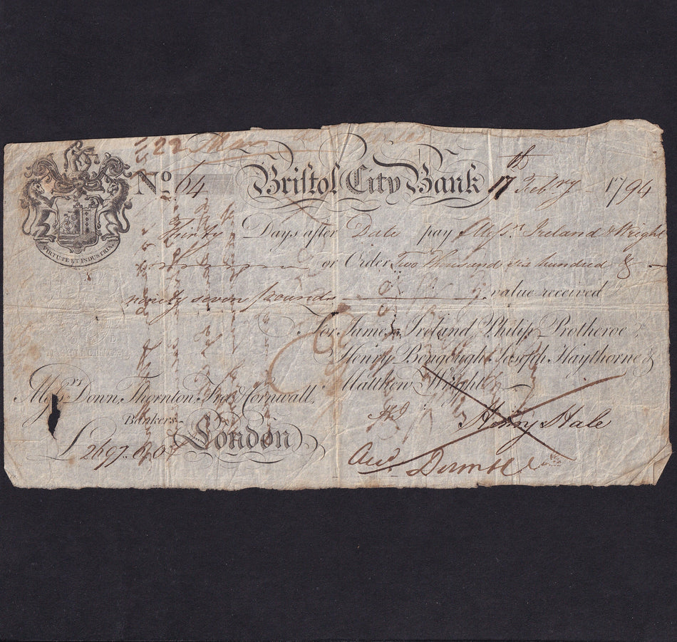 Provincial - Bristol City Bank, 30 days after sight £2697, 17th February 1794, partnership not seen, Outing 316, hole, otherwise Fine