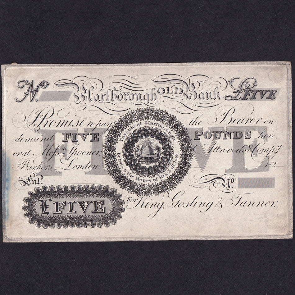 Provincial - Marlborough Old Bank, £5 obverse proof, 182x, for King, Gosling & Tanner, Outing unlisted, 'between the Hours of 10 & 3 o'Clock', some rust, Good Fine