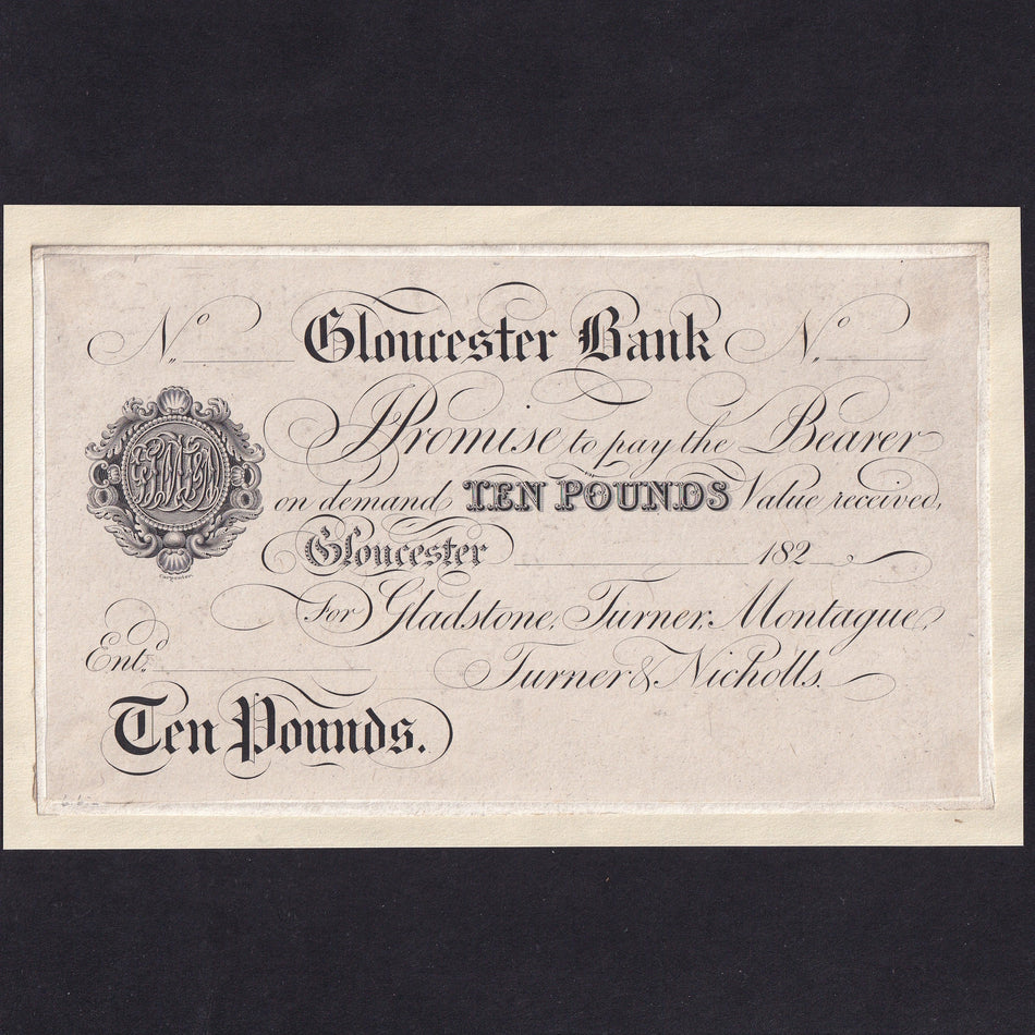 Provincial - Gloucester Bank, £10 obverse proof, 182x, for Gladstone etc., Outing 826, VF