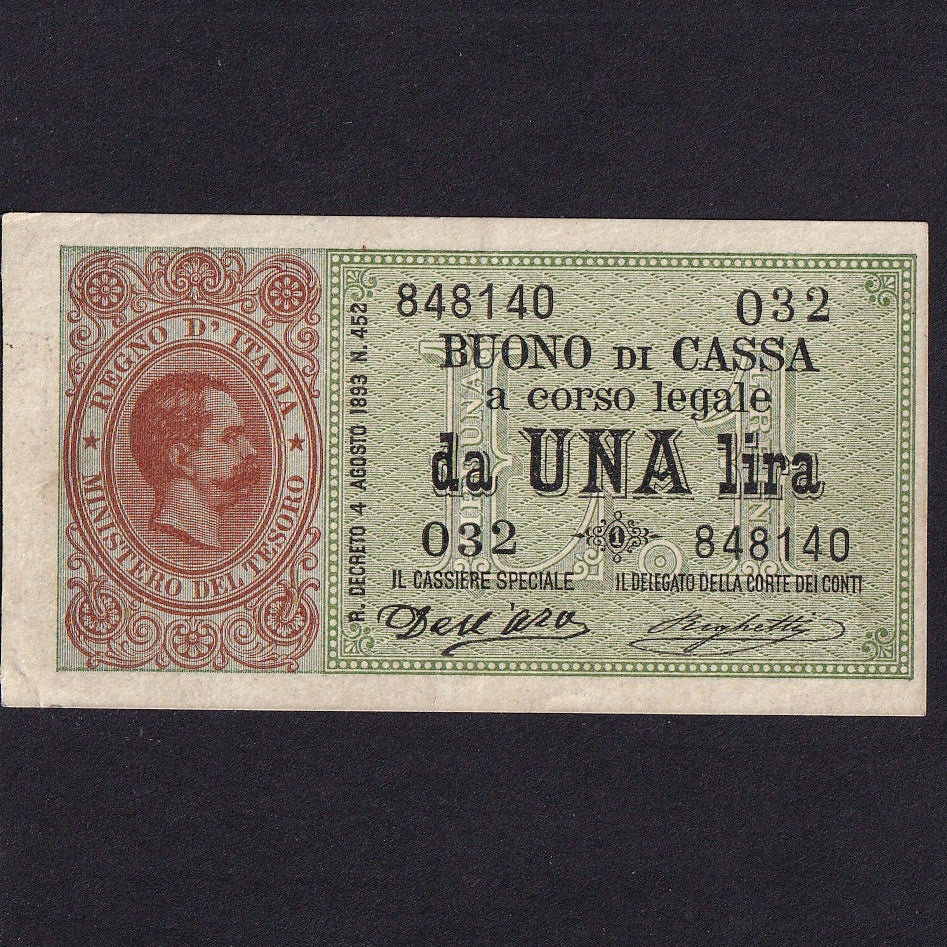 Italy (P33) 1 Lire, 4th August 1893, King Umberto I, 032 848140, Good VF