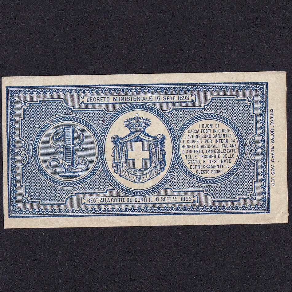 Italy (P33) 1 Lire, 4th August 1893, King Umberto I, 032 848140, Good VF