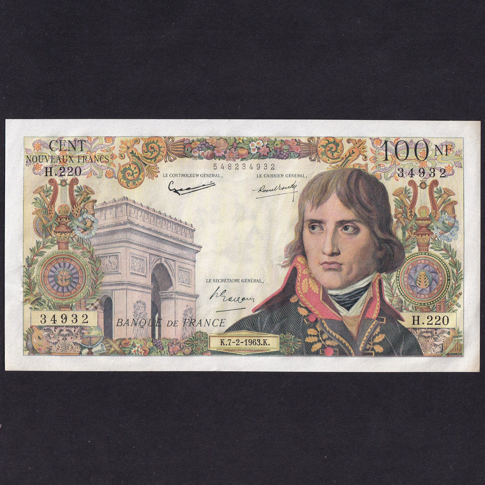 France (P144) 100 NF, 1963, Napoleon, H.220 34932, pinholes, Good EF