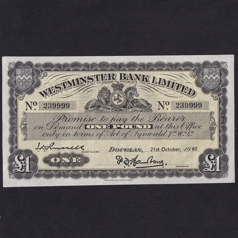 Isle of Man (P23Ab) Westminster Bank Limited, £1, 21st October 1960, note no.239999, M314, (134) notes outstanding, A/UNC