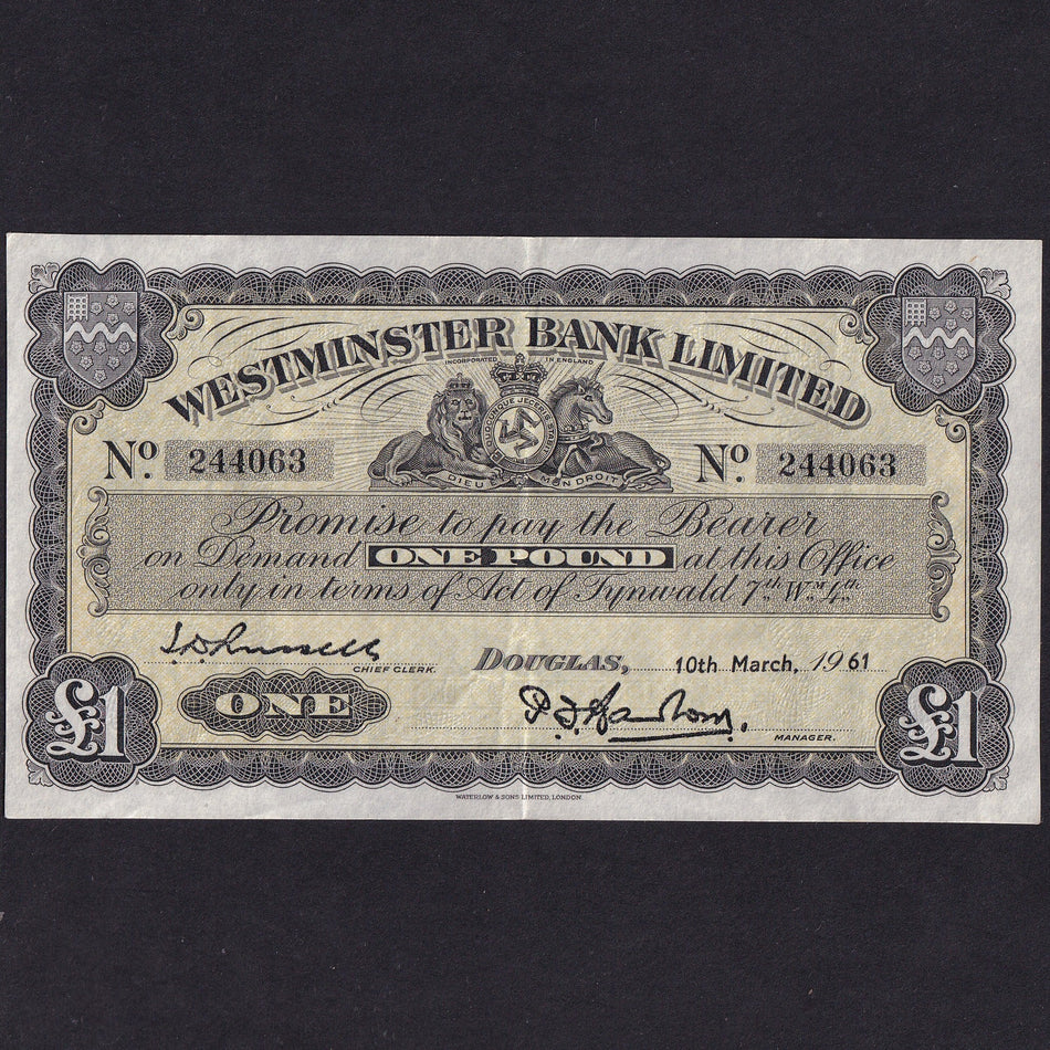 Isle of Man (P23Ab) Westminster Bank, £1, 10th March 1961, note no.244063, M314, (101) notes outstanding, Good VF