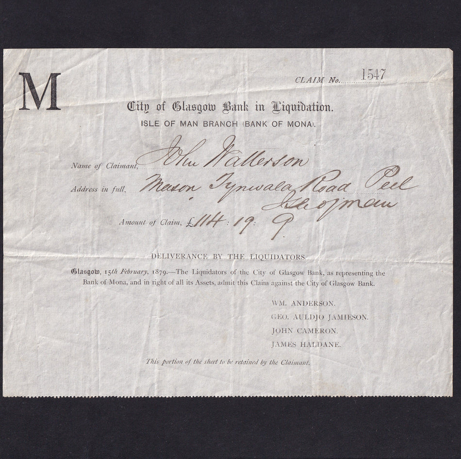 City of Glasgow Bank in Liquidation, Isle of Man Branch (Bank of Mona) claim form no.1547
