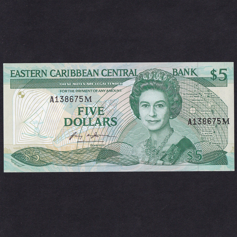 East Caribbean (P18m) $5, A13867M, suffix M Montserrat signature 1, Anguilla not named, UNC