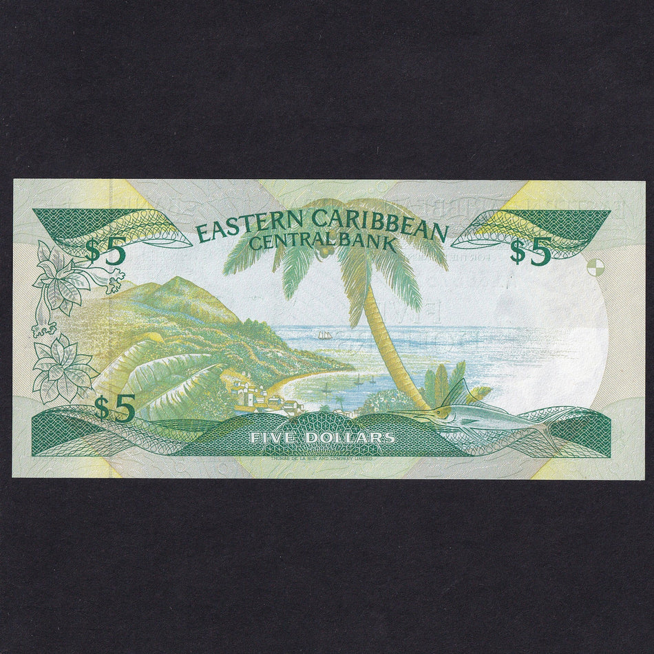 East Caribbean (P18m) $5, A13867M, suffix M Montserrat signature 1, Anguilla not named, UNC