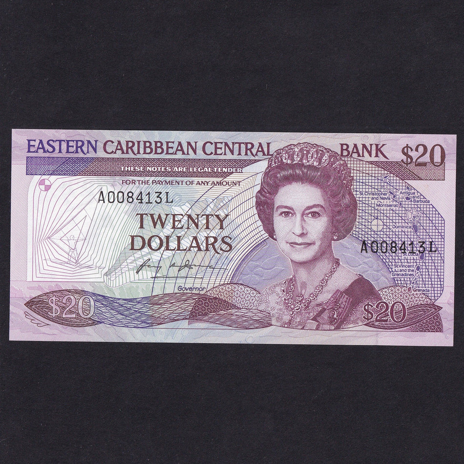 East Caribbean (P19L) $20, A008413L, suffix L St Lucia signature 1, Anguilla not named, UNC