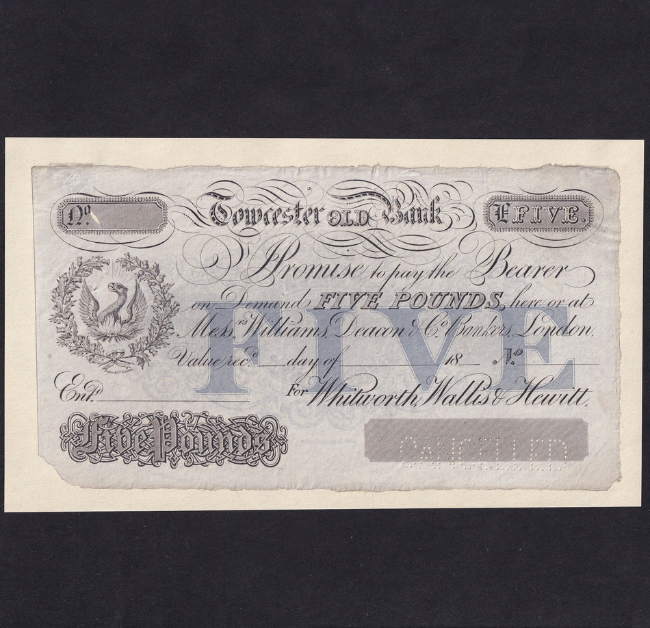 Provincial - Towcester Old Bank, £5, 18xx, for Whitworth, Wallis & Hewitt, not listed, 1887 bank was taken over by Northamptonshire Union Bank, Outing 2197 for type, small hole, mounted on paper, VF