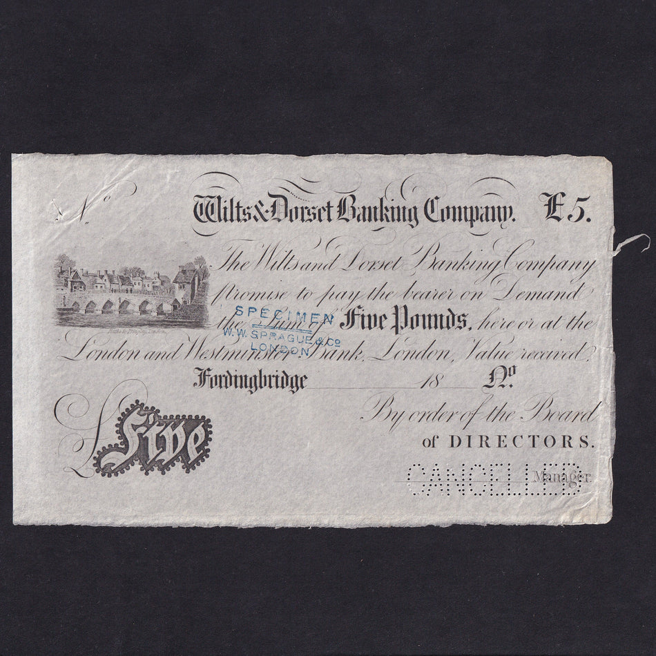 Provincial - Wilts & Dorset Banking Company, £5 specimen, 18xx, Fordingbridge, Outing 792a, EF