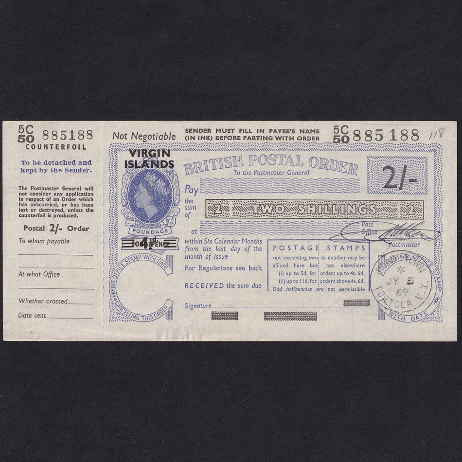 Virgin Island, 2 Shillings postal order, 1969, Tortola, 5C50 885188, Good EF