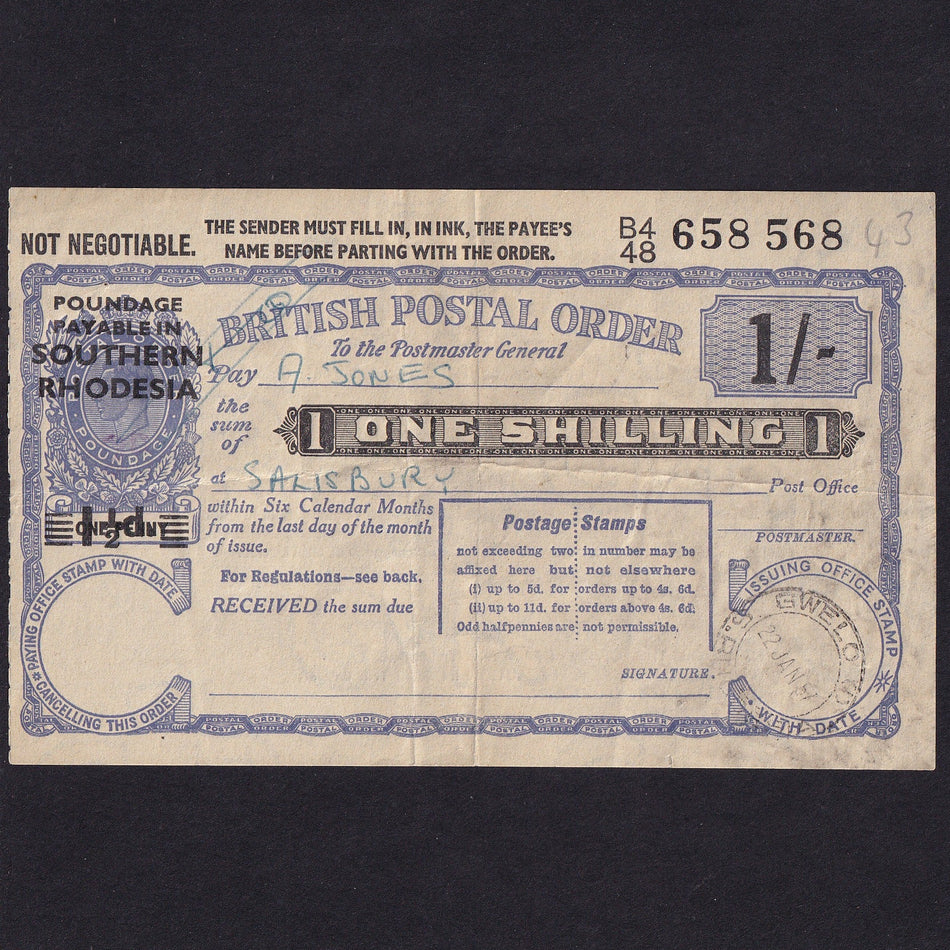 Southern Rhodesia, 1 Shilling Postal Order, 1957, Gwelo, B448 658568, Fine