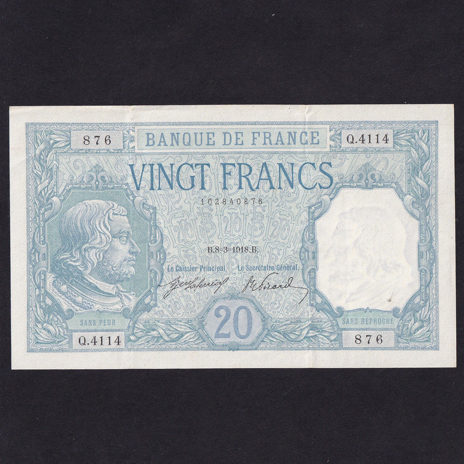 France (P74) 20 Francs, 8th March 1918, Bayard, Q4114876, two folds, otherwise EF, strong paper, pinhole, A/EF
