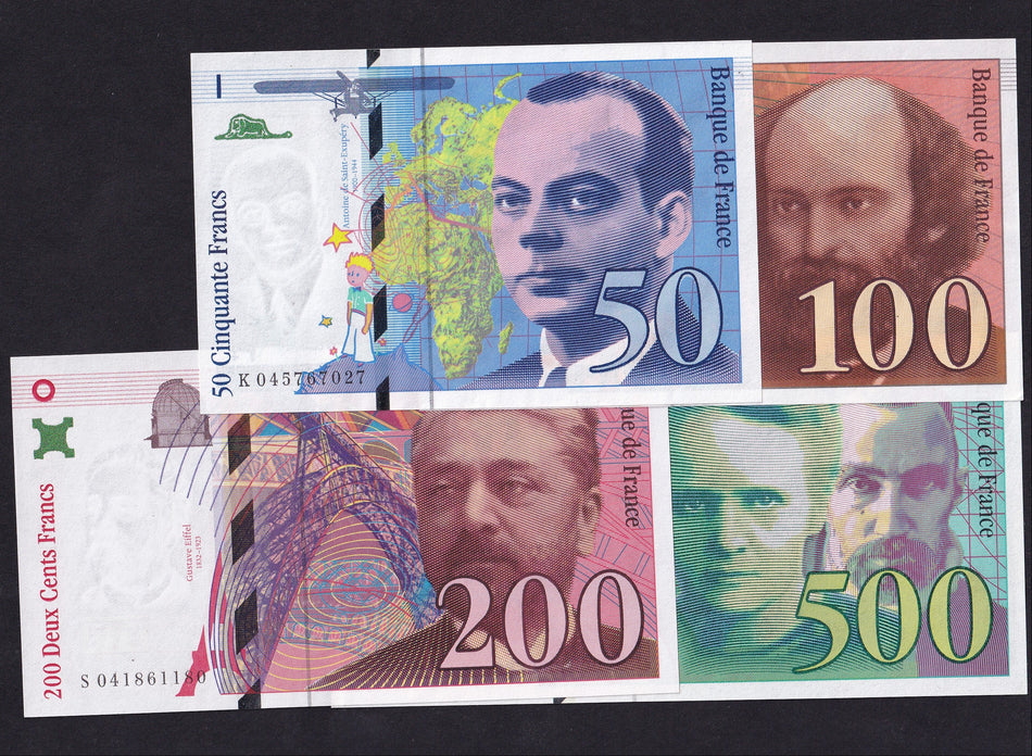 France (P157Aa, P158, P159b & P160a) 50 Fr (1997), 100 Fr (1997), 200 Fr (1996) & 500 Fr (1994) type set, 4 notes, UNC
