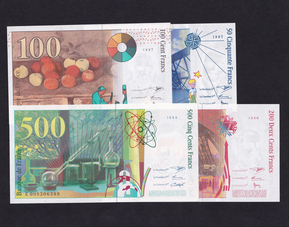 France (P157Aa, P158, P159b & P160a) 50 Fr (1997), 100 Fr (1997), 200 Fr (1996) & 500 Fr (1994) type set, 4 notes, UNC