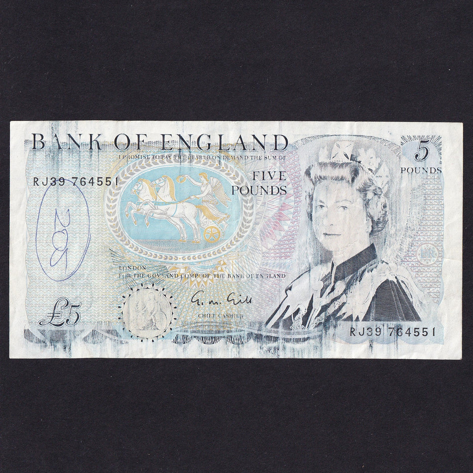 Bank of England (B353) Gill, £5 error, missing print, RJ39 764551, biro mark, Good Fine