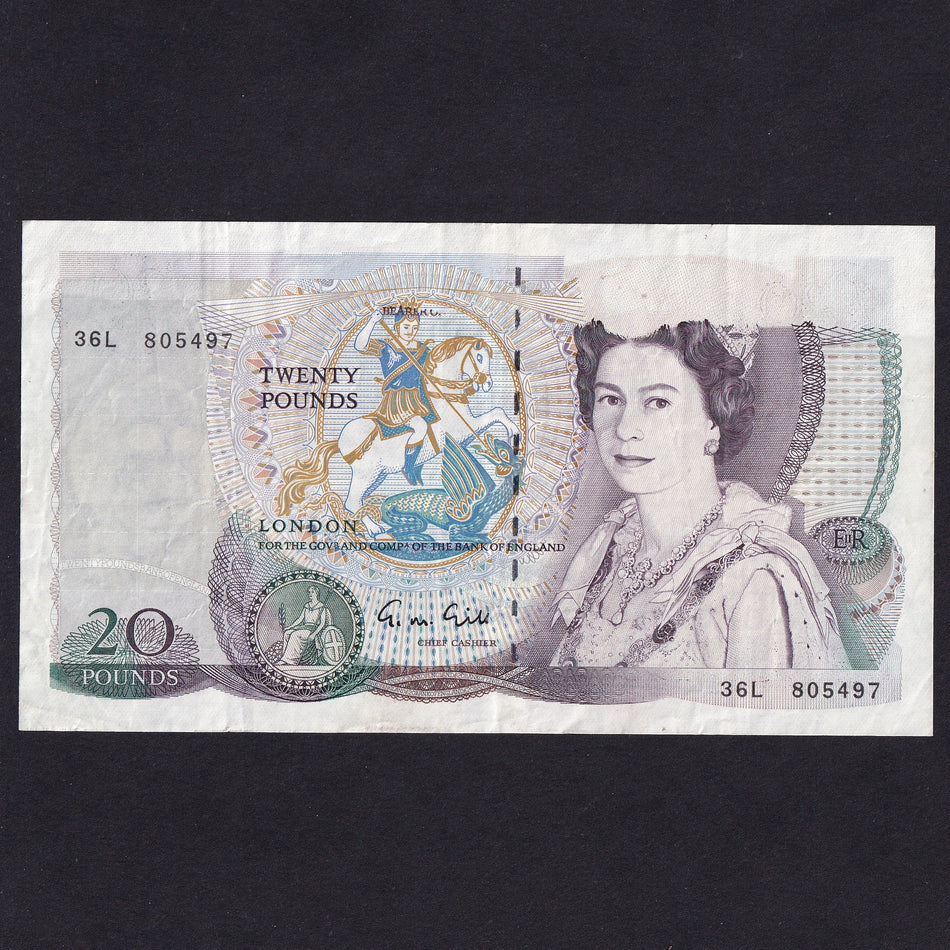 Bank of England (B355) Gill, £20 error, missing print, 36L 805497, Good Fine