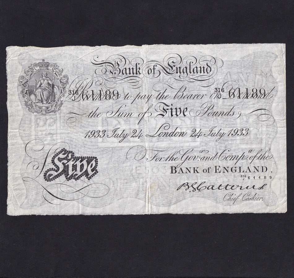Bank of England (B228) Catterns, £5, 24th July 1933, 316J 61189, notations, Fine