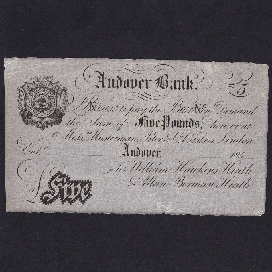 Provincial - Andover Bank, £5 proof on banknote paper, 185x, for William Hawkins Heath & Allan Borman Heath, NOT SEEN, VF