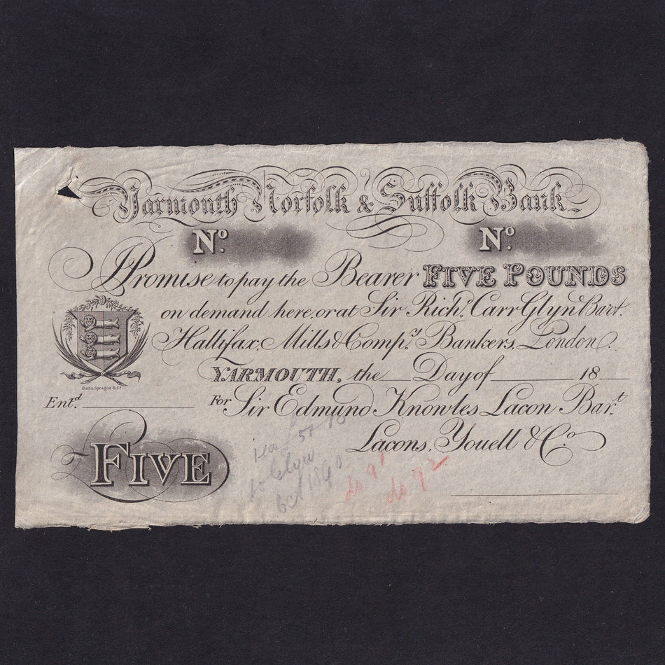 Provincial - Yarmouth Norfolk & Suffolk Bank, £5 proof on banknote paper, 1870, for Edmund Knowles Lacon Bart Lacons Youell & Co., Outing 859h for type, staple hole, notations, Good VF