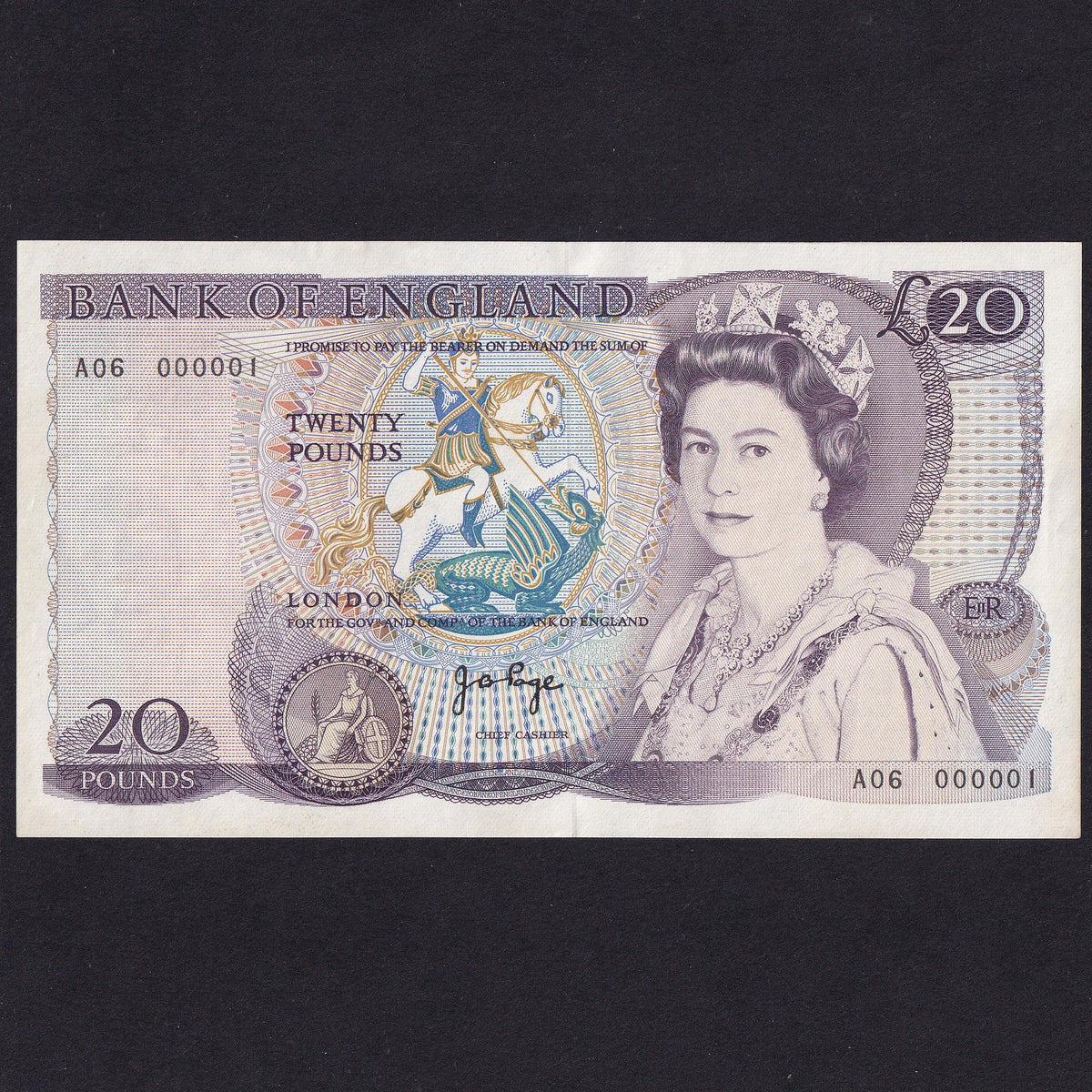 Pay First Note Bank of England (B328) Page, £20, A06 000001, the first note of the ca ...