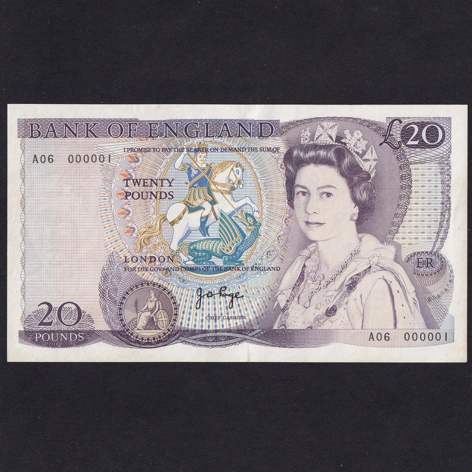 Bank of England (B328) Page, £20, A06 000001, the first note of the cashier, the earliest Shakespeare no.1 as the Fforde £20 in Royal collection, only three other no.1 notes could ever turn up - B350 E01, B351 01A and B355 01L, A/UNC