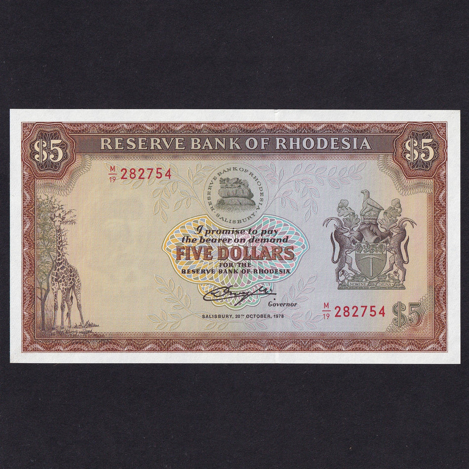 Rhodesia (P36b) $5, 20th October 1978, Cecil Rhodes watermark, UNC