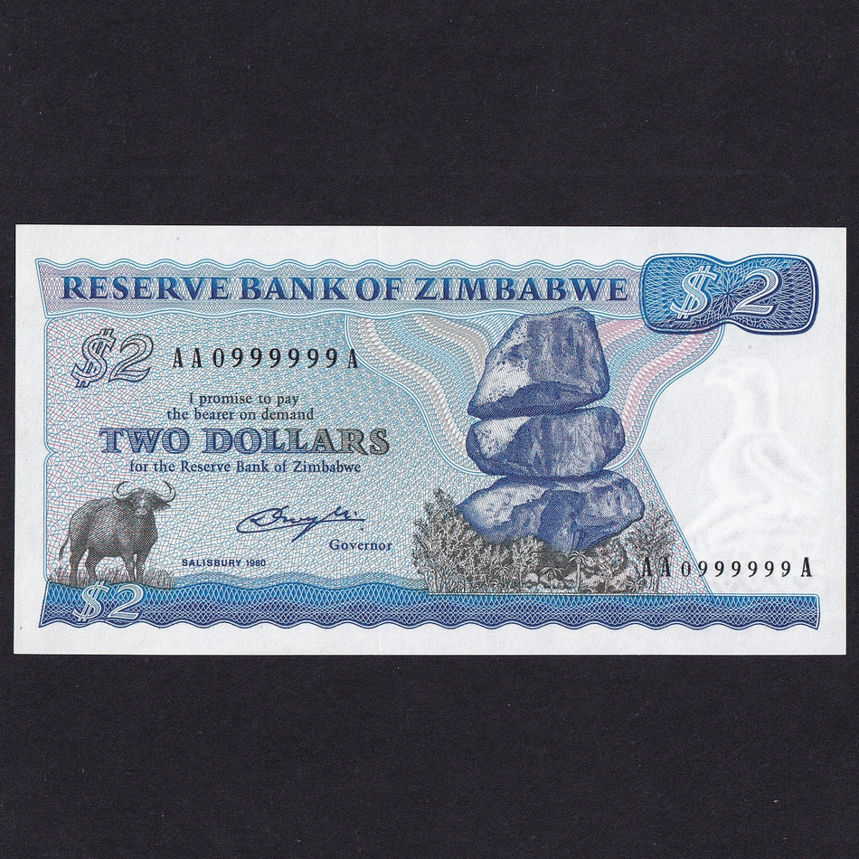 Zimbabwe (P.1a) $2, Salisbury 1980, signature 1 Crough, AA0999999A, almost all the 9s, UNC