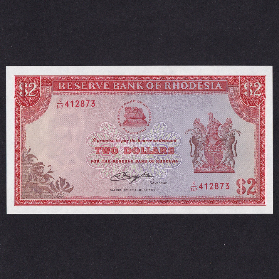 Rhodesia (P35c) $2, 5th August 1977, Cecil Rhodes watermark, UNC