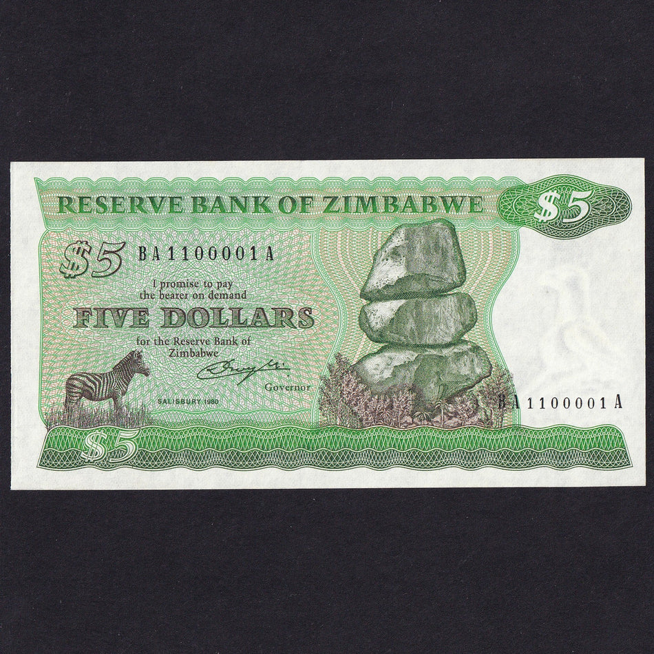 Zimbabwe (P.2a) $5, Salisbury 1980, signature 1 Crough, BA 1100001A, UNC