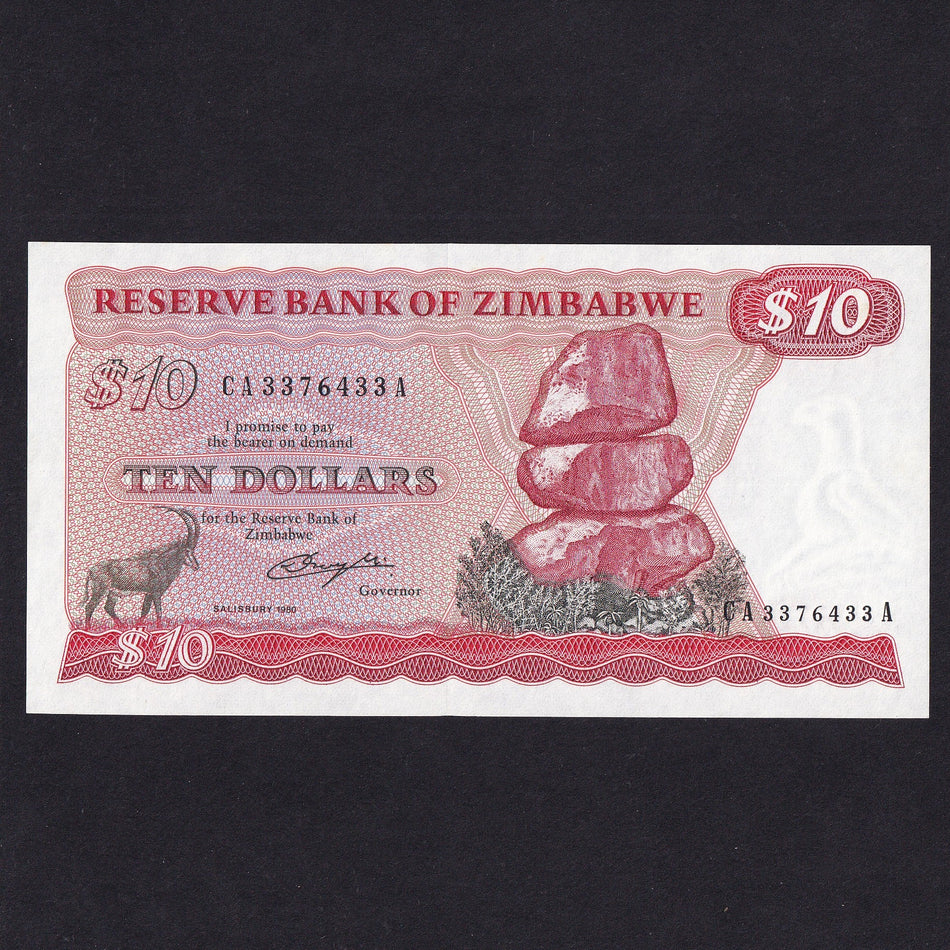 Zimbabwe (P.3a) $10, Salisbury 1980, signature 1 Crough, CA 3376433A, UNC