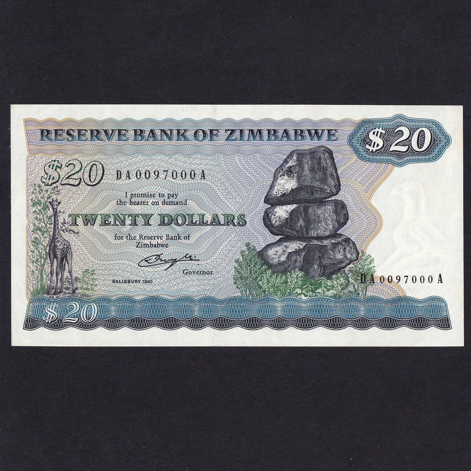 Zimbabwe (P.3a) $20, Salisbury 1980, signature 1 Crough, DA 009700A, UNC