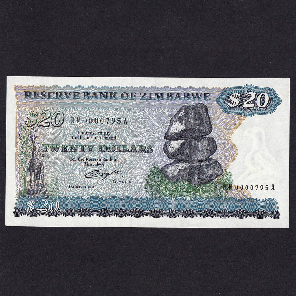 Zimbabwe (P.3a) $20 replacement, Salisbury 1980, signature 1 Crough, DW 0000795A, UNC