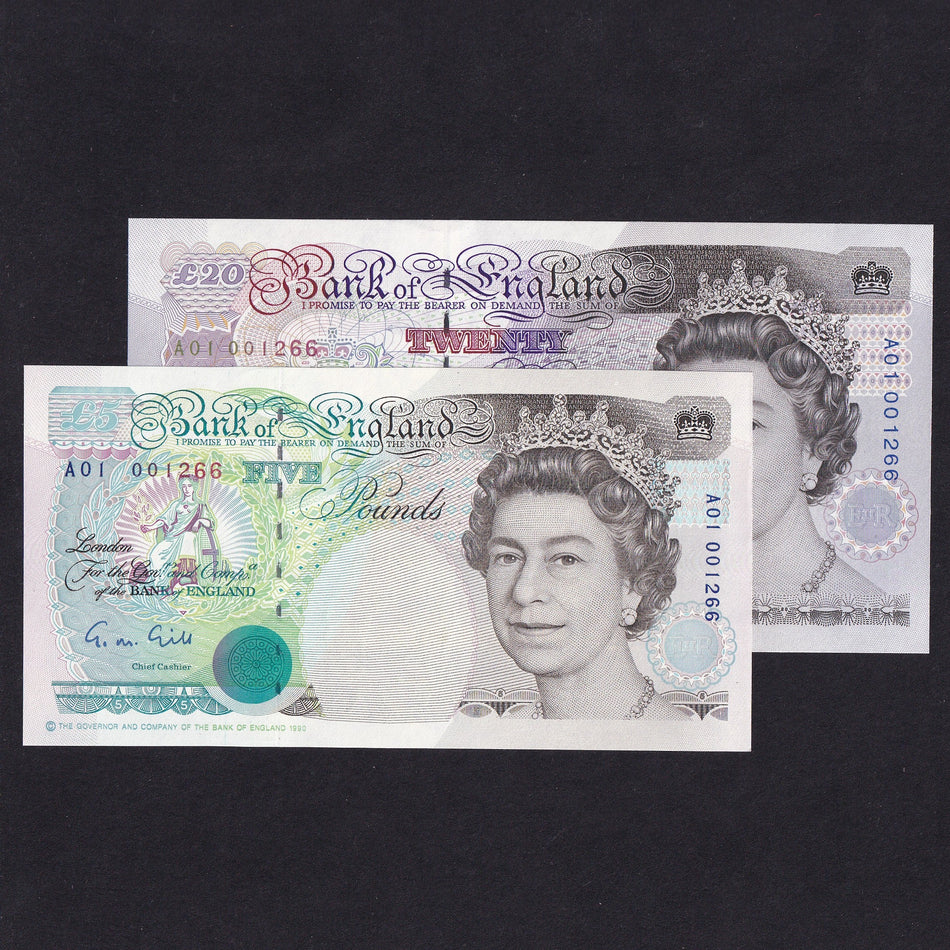 Bank of England (C116) Gill, £5 & £20, A01 001266, UNC